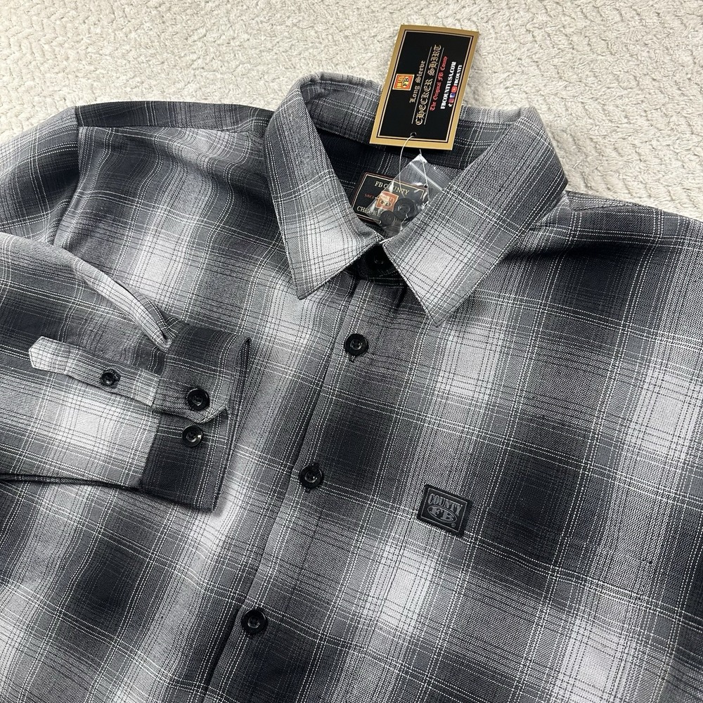 FB County Checker Flannel Shirt 3XL‎ Gray Black Plaid Long Sleeve Button-Up